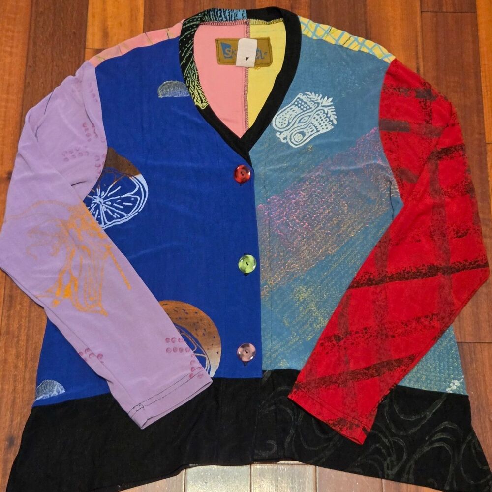 Vintage 90s Colorblock Button Front Cardigan Shirt L Red Blue Pink